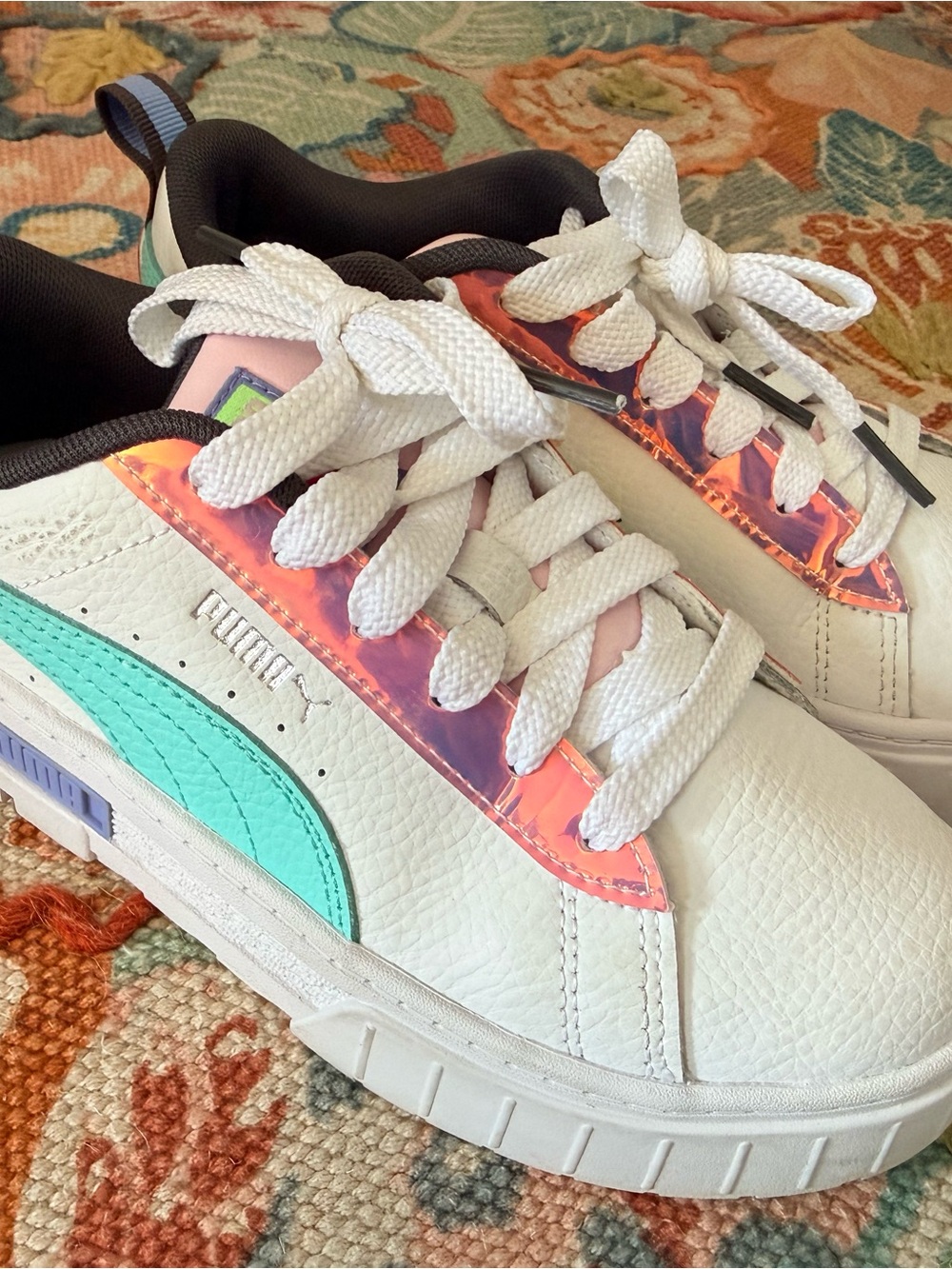 PUMA White Kids Sneakers with Pink Iridescent and Teal Accent